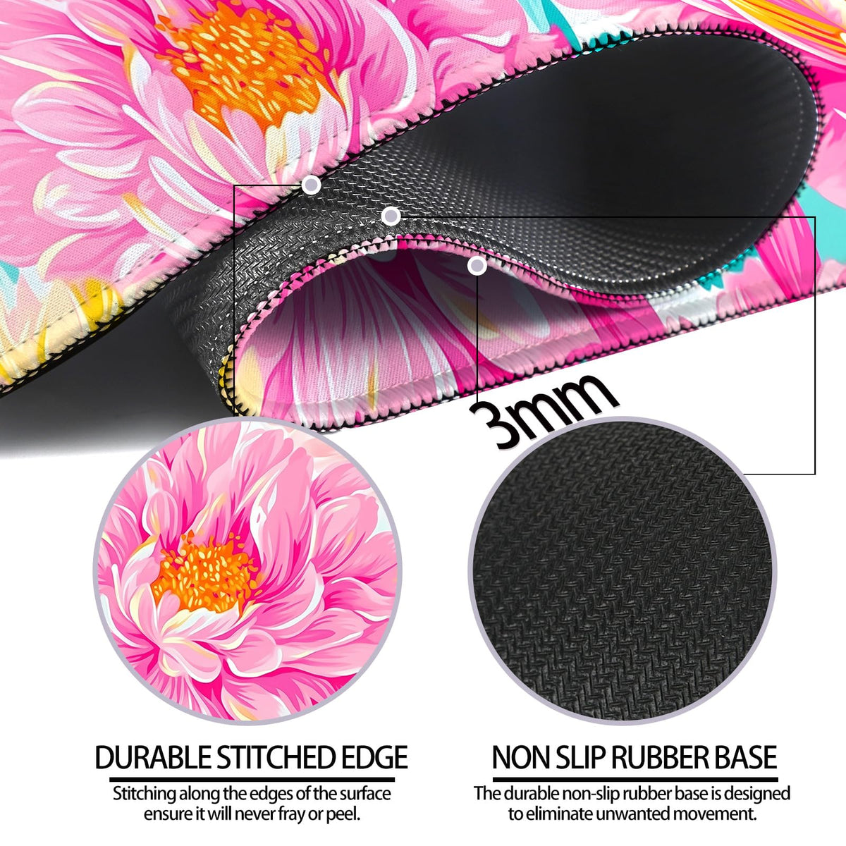 JIANG100 Flower Gaming Desk Mat, XL Large Extended Floral Mouse Pad, Pink