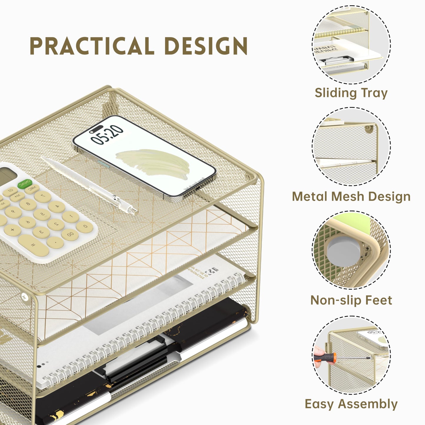 DALTACK 3 Tier Letter Tray Paper Organizer with Sliding Mesh Trays Yellow