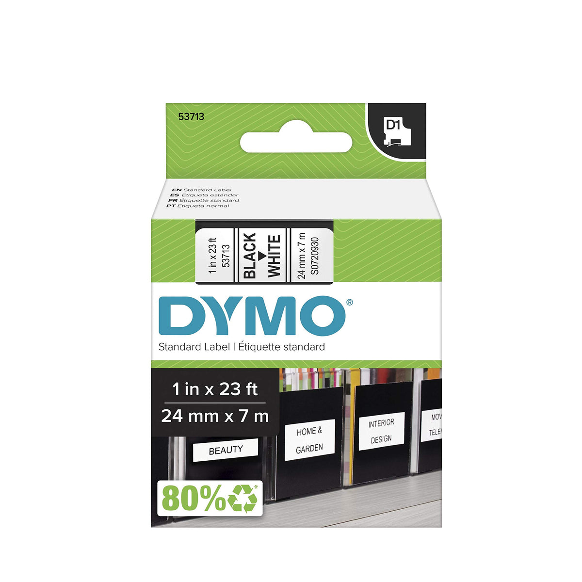 DYMO Authentic Standard D1 53713 Labeling Tape (Black Print on White Tape, 1'' W x 23' L, 1