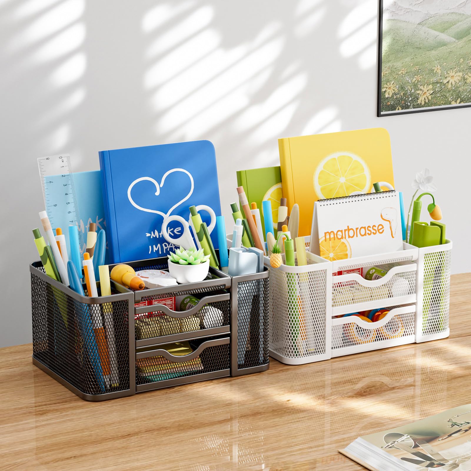 Marbrasse Mesh Desk Organizer, Pen Organizer with 2 Drawer, Multi-Functional Pencil Holder, Desk