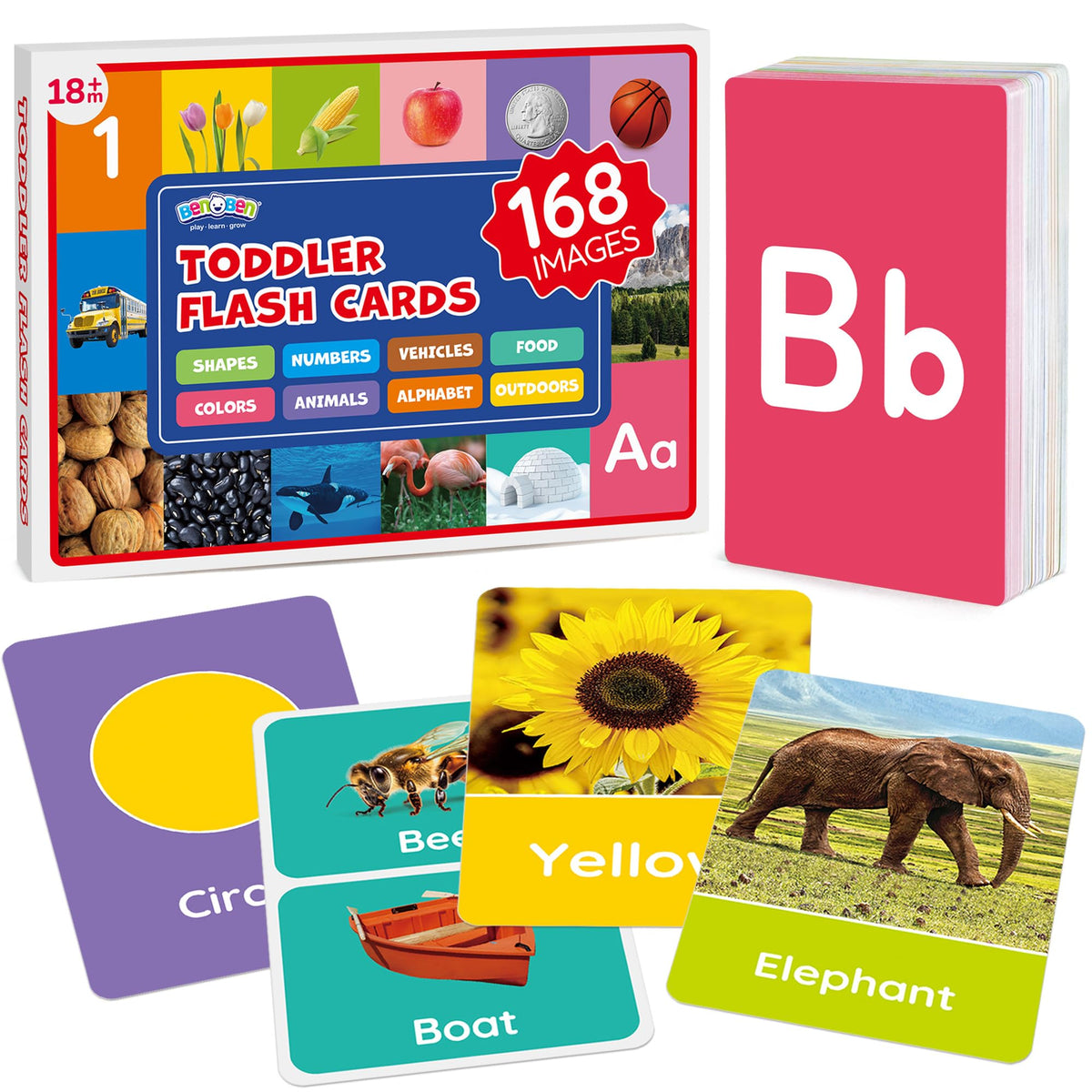 BenBen Flash Cards for Toddlers 1-3, Rip Proof & Waterproof, 84 Double-Sided Educational