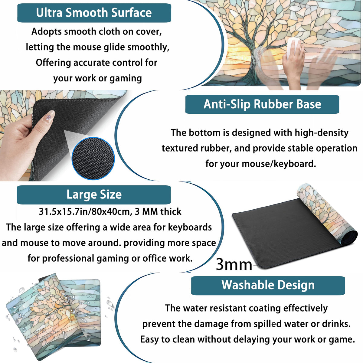 Desk Mat Cute Tree of Life Mouse Pad Gaming XXL Large Extended Desk Matt for Desktop, Faux Stained