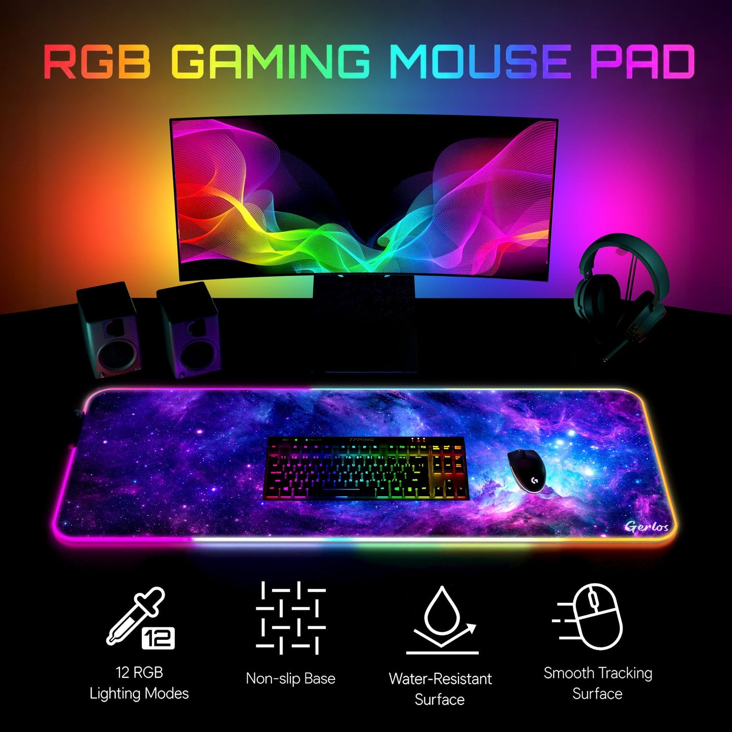Gerlos RGB Gaming Mouse Pad, Large LED Desk Mat for Gamer, 31.5" x 11.8"
