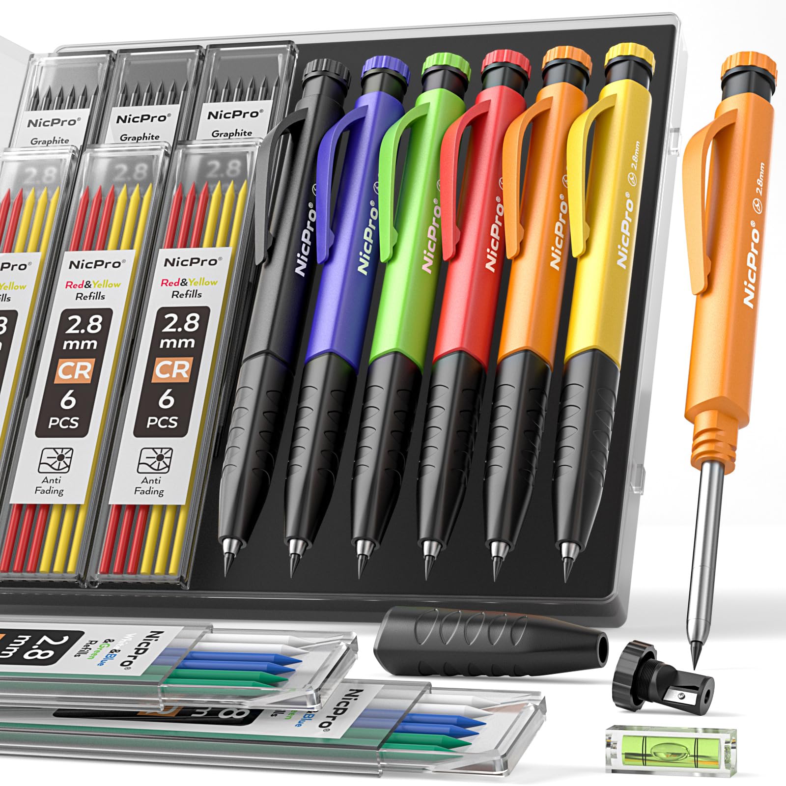 Nicpro 6 Pack Upgraded 3-IN-1 Carpenter Pencil Set with Finger Grip, Construction Pencils with 54