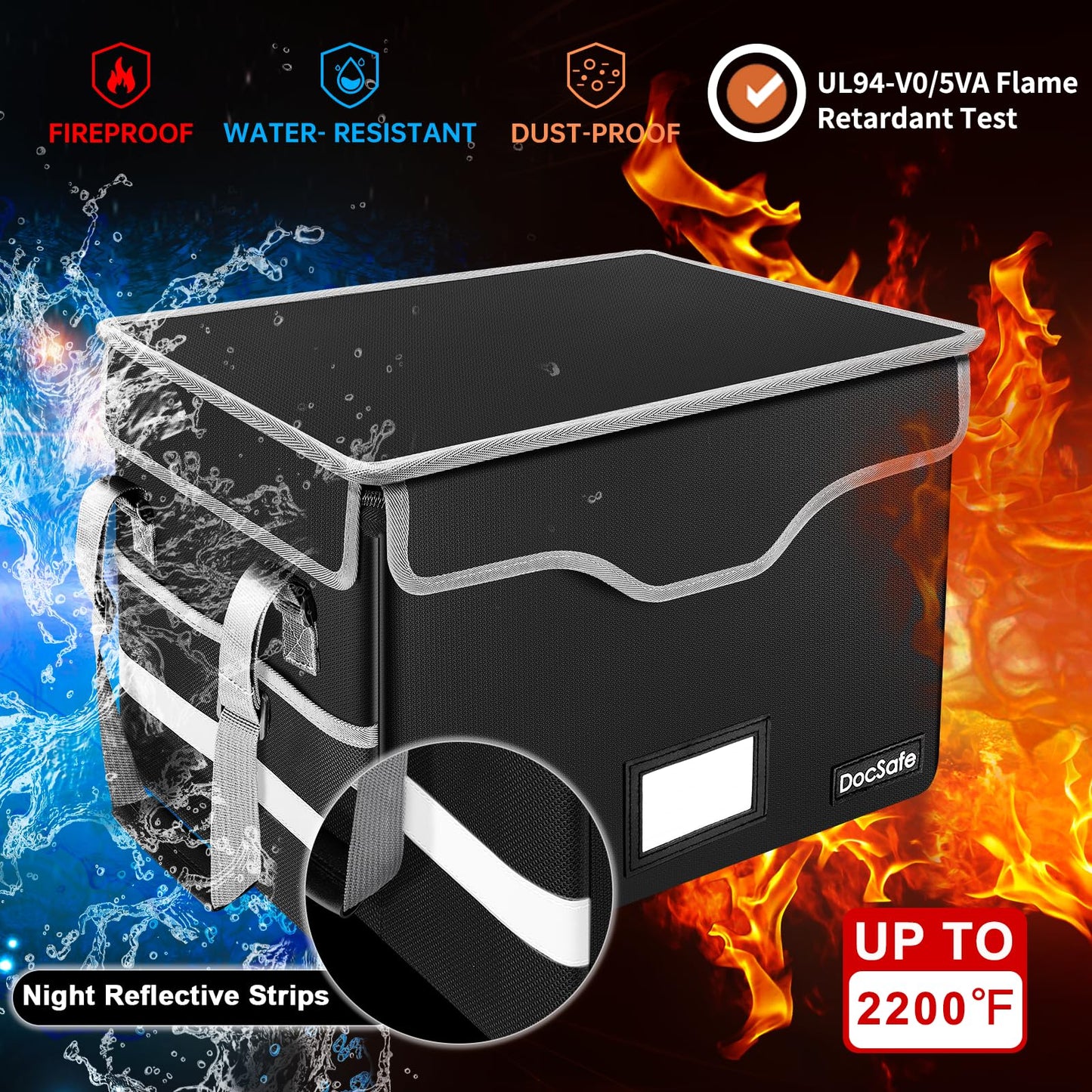 DocSafe Fireproof Document Box with Lock,File Storage Organizer with Pockets,Collapsible Portable
