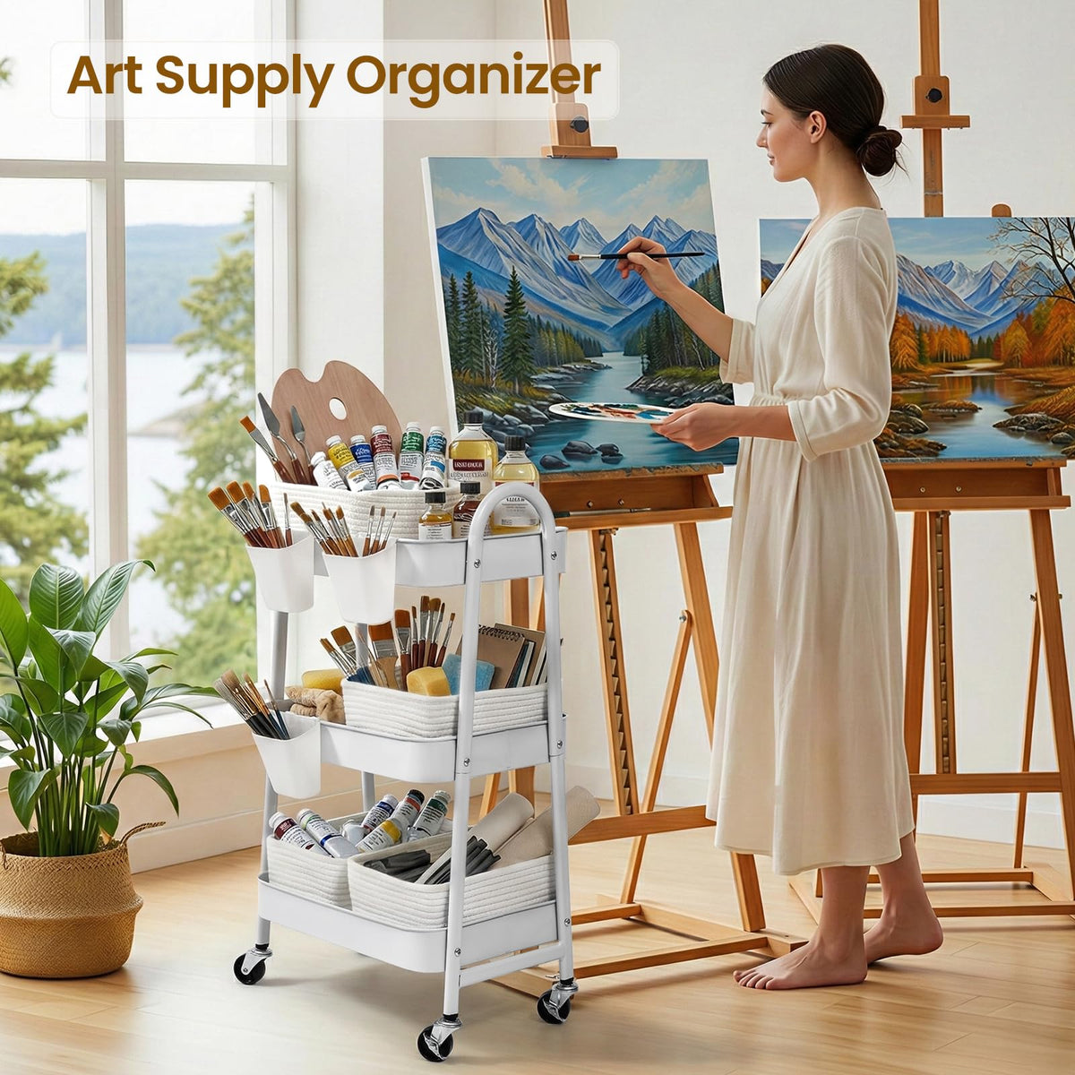 3-Tier Rolling Utility Cart with 4 Woven Baskets, Diaper Book Snack Cart, Storage Organizer for