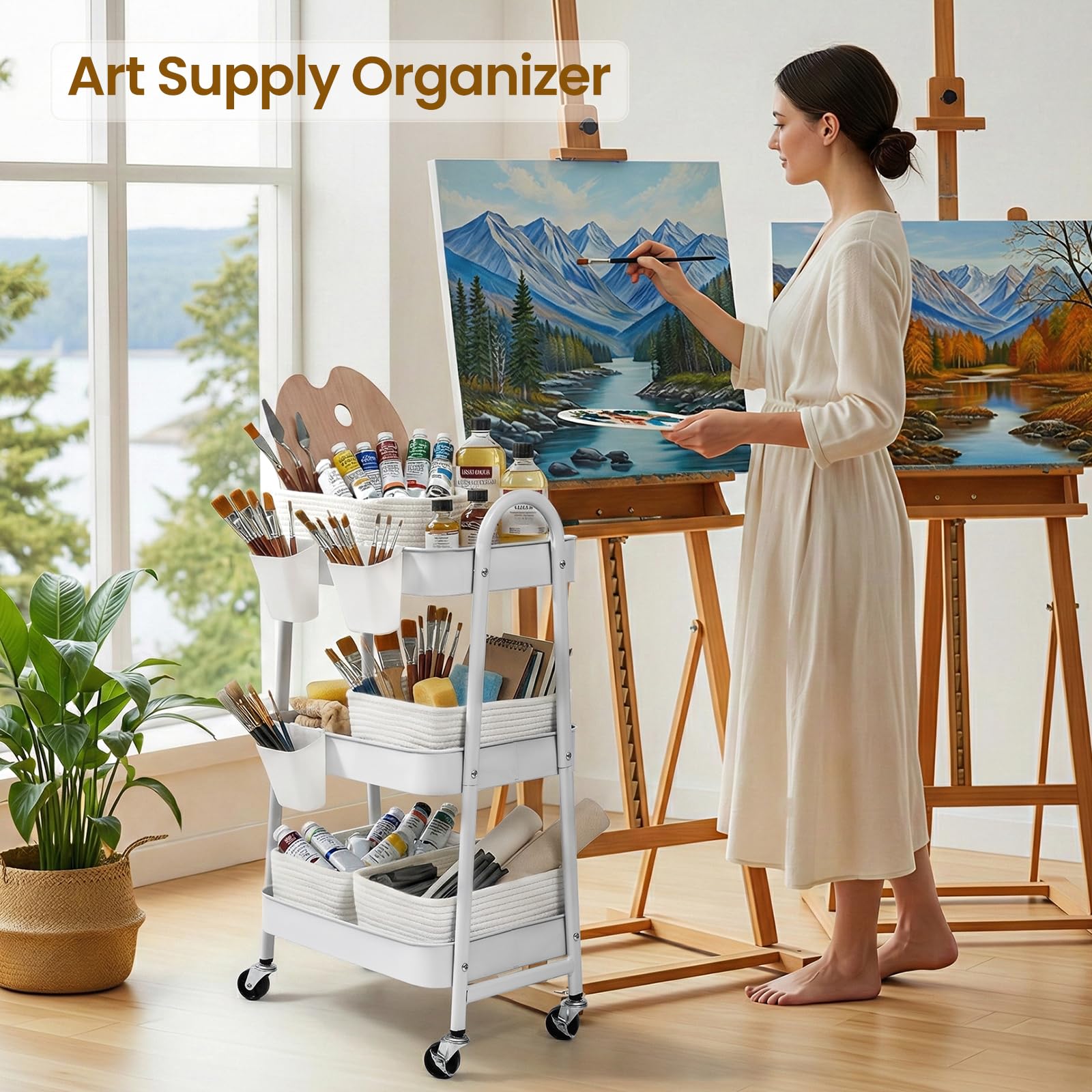 3-Tier Rolling Utility Cart with 4 Woven Baskets, Diaper Book Snack Cart, Storage Organizer for