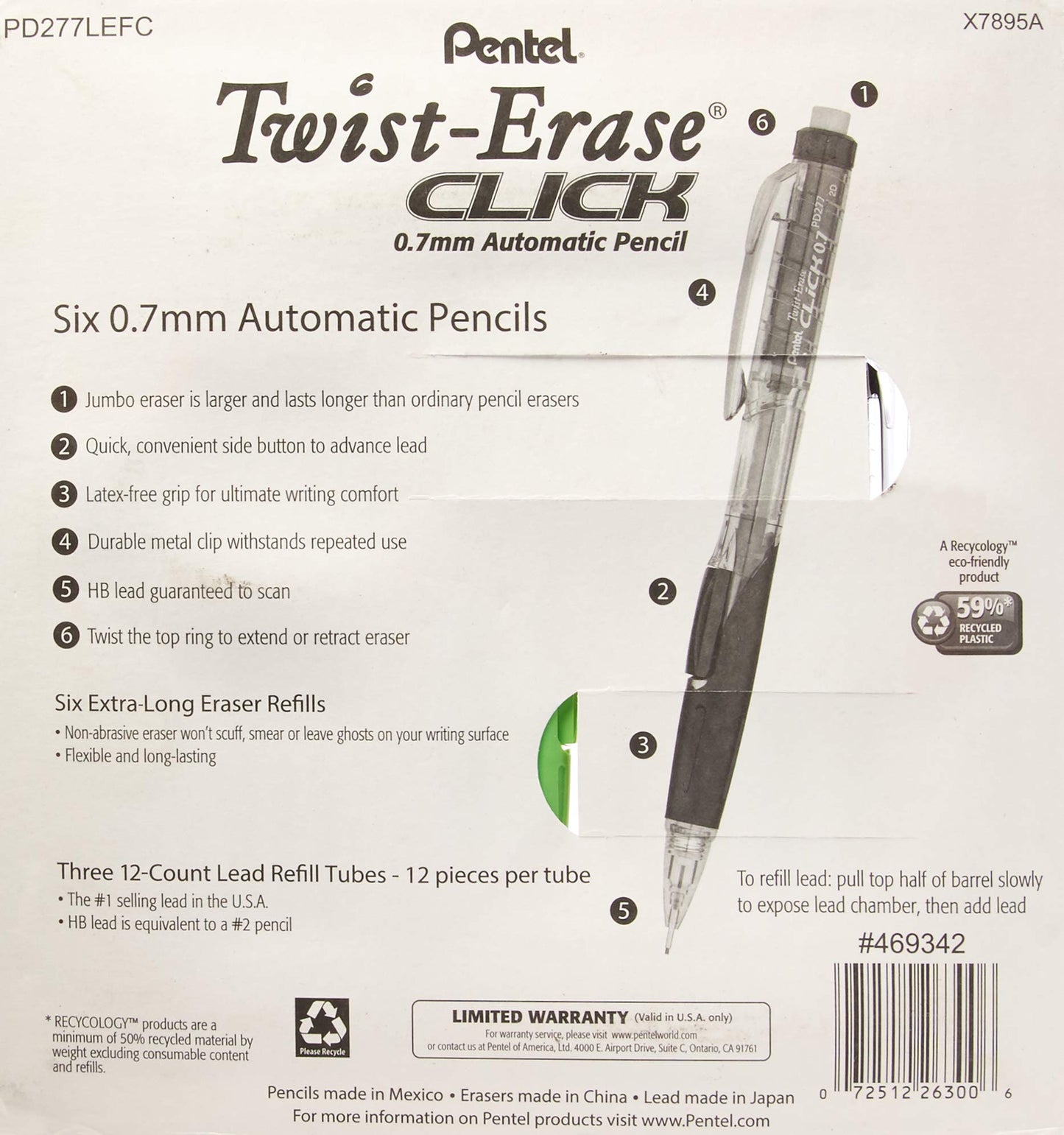 Pentel Twist-Erase Click Mechanical Pencils 0.7mm, HB #2, School Supplies, Teacher Supplies