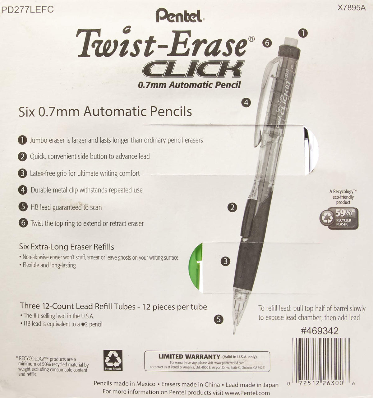 Pentel Twist-Erase Click Mechanical Pencils 0.7mm, HB #2, School Supplies, Teacher Supplies