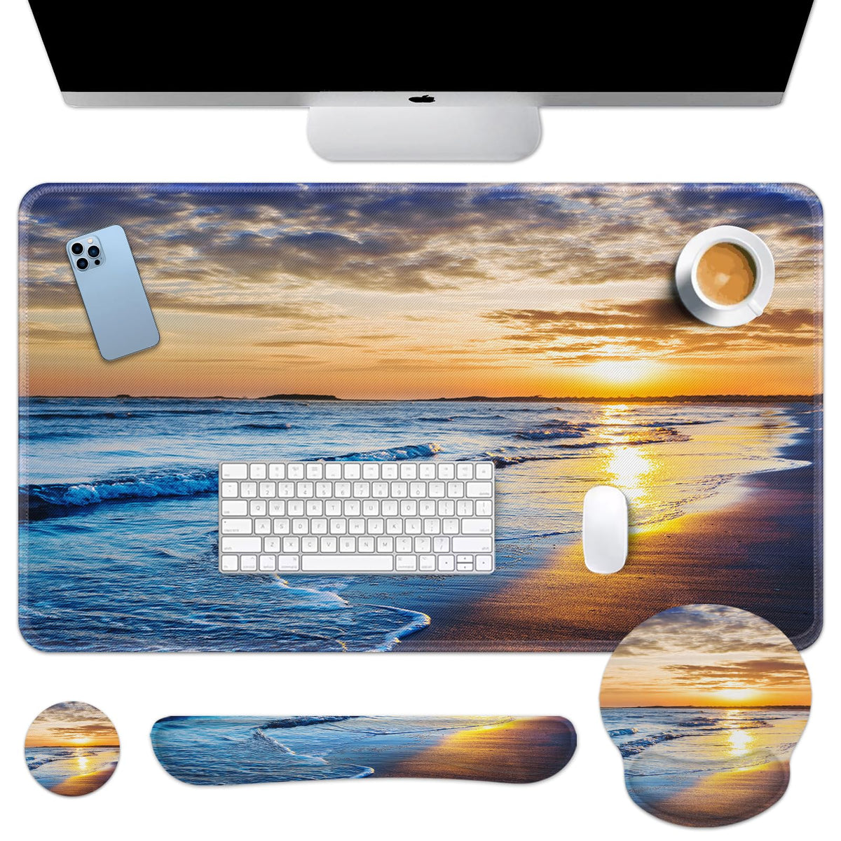 Arttown Keyboard Mouse Pad Set, 4 in 1 Desk Mat Set Ocean Beach Sunset