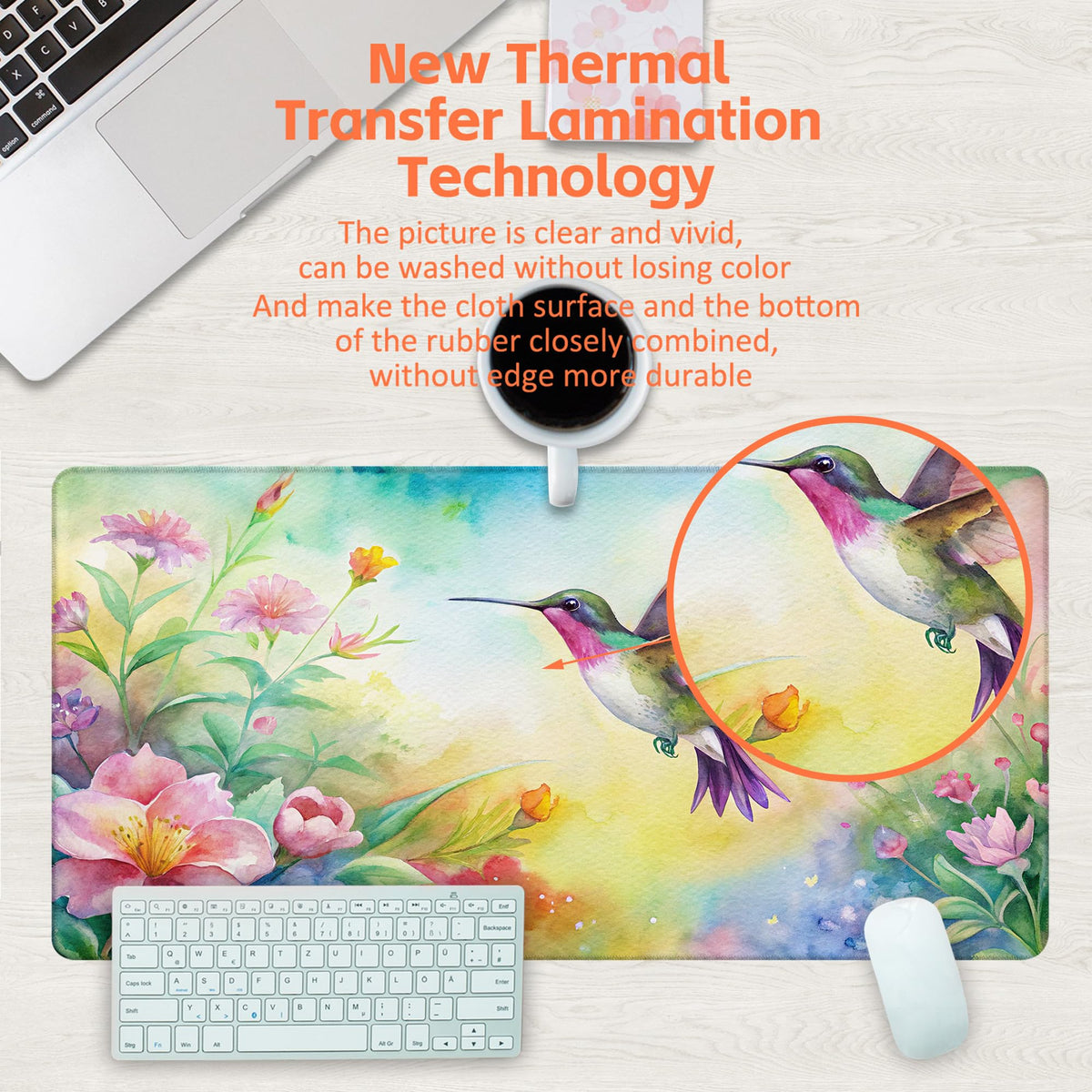 KOAIWPAE Large Gaming Mouse Pad for Desk, Watercolor Flying Hummingbird Desk Mat, Beautiful Garden