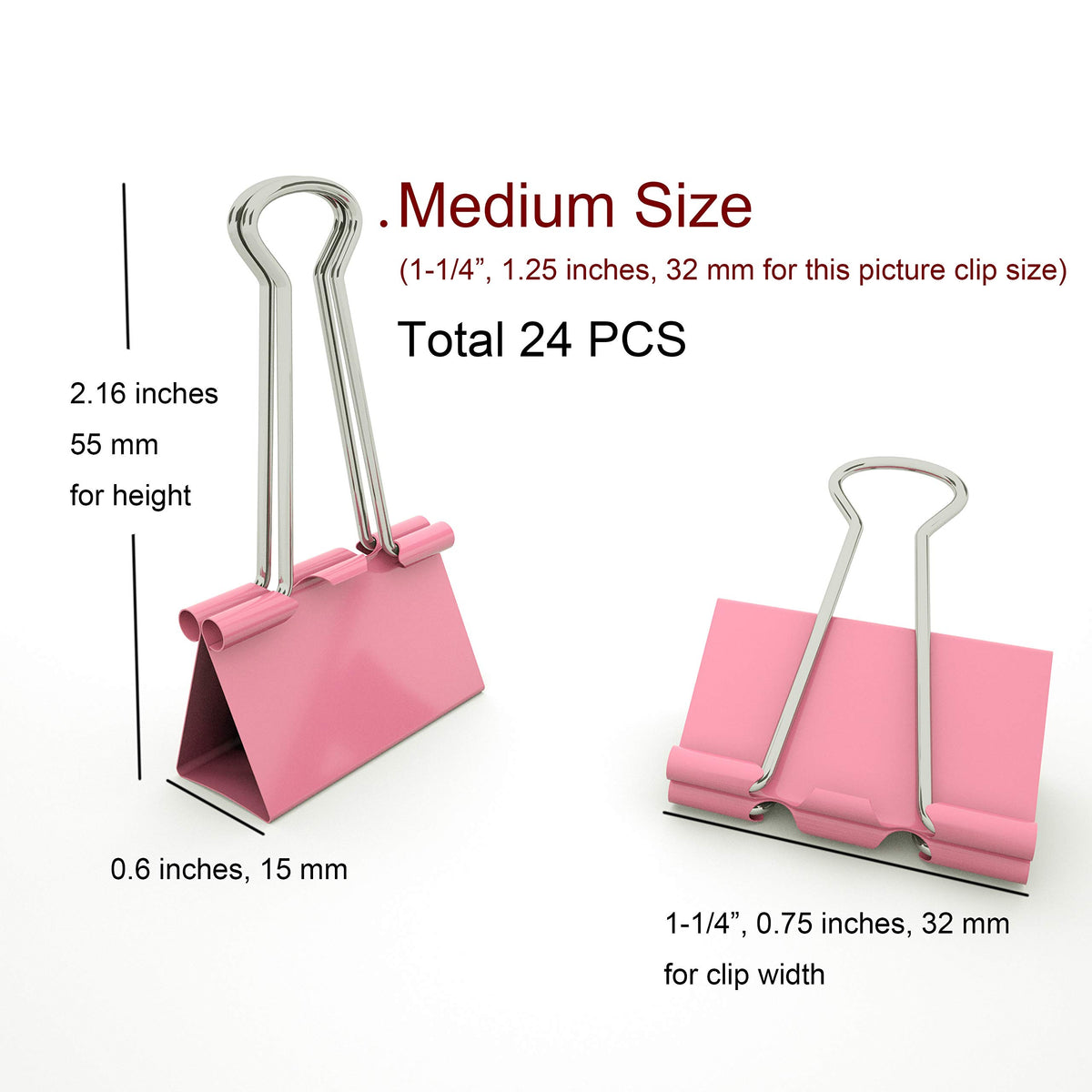 Nctinystore Binder Clips Medium Metal Clamp 1.25 inch / 32 mm (Pink, 24-PCS)