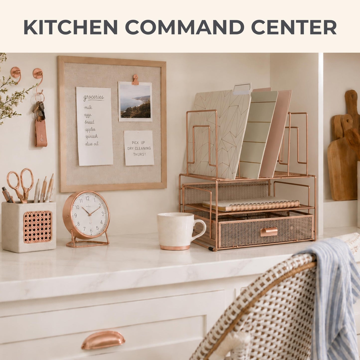 BLU MONACO | Rose Gold Desk Organizer with Drawer | Metal Desk Organizer with File Sorters and