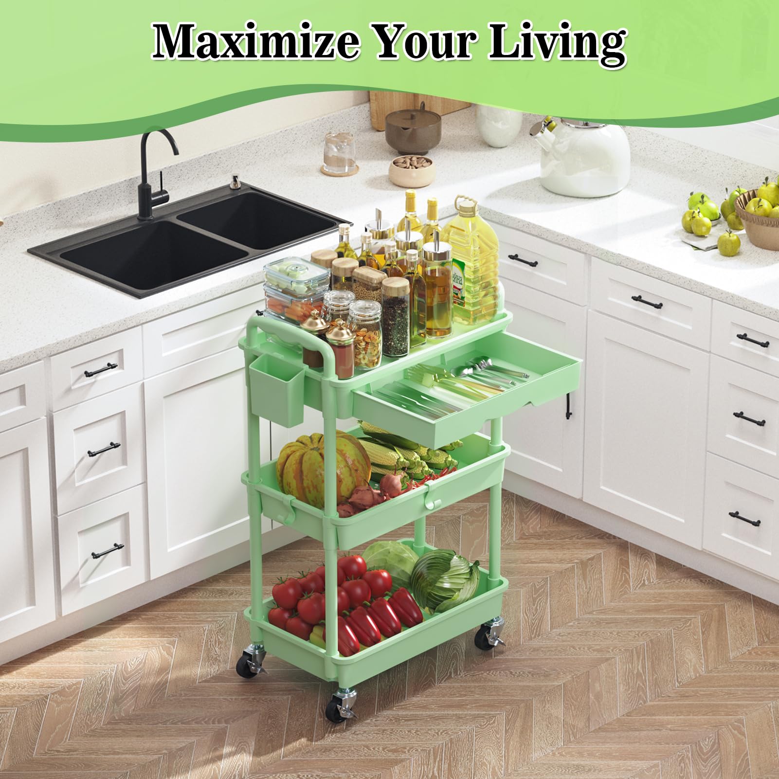 SUNALLY 3 Tier Rolling Cart with Drawer, Craft Storage Cart Organizer,Green