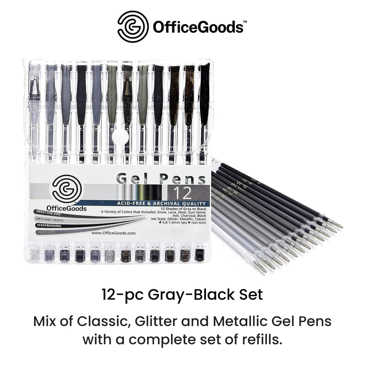 OfficeGoods Black and Grey Gel Pens with Refills, Glitter Metallic, 12 Pack