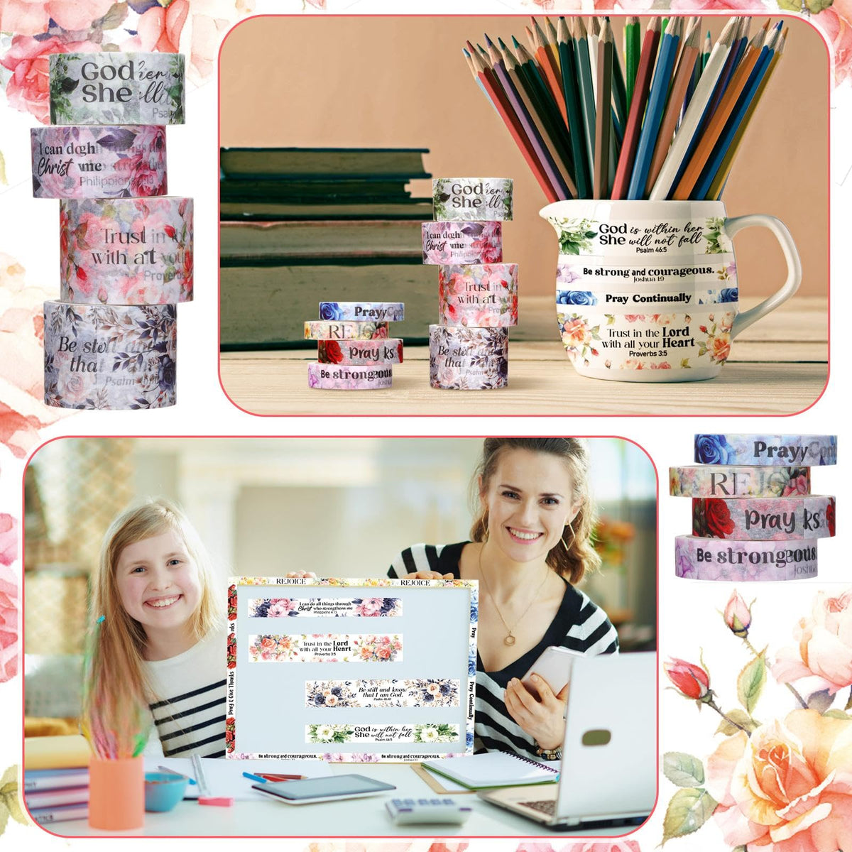 Janlaugh 24 Rolls Christian Washi Tape Gifts, Watercolor Floral, Multi Size
