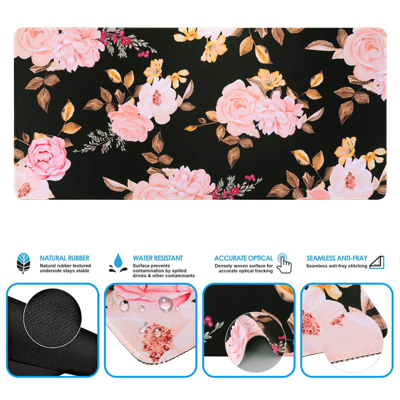 iCasso Floral Keyboard Mat 35.4"x15.7", Desk Blotter for Classroom