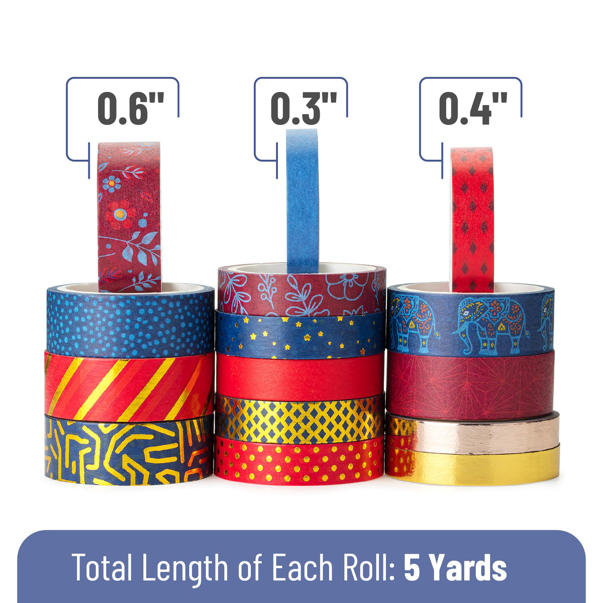 Mr. Pen- Washi Tape Set, 15 Rolls, Assorted Sizes, Metallic Foil