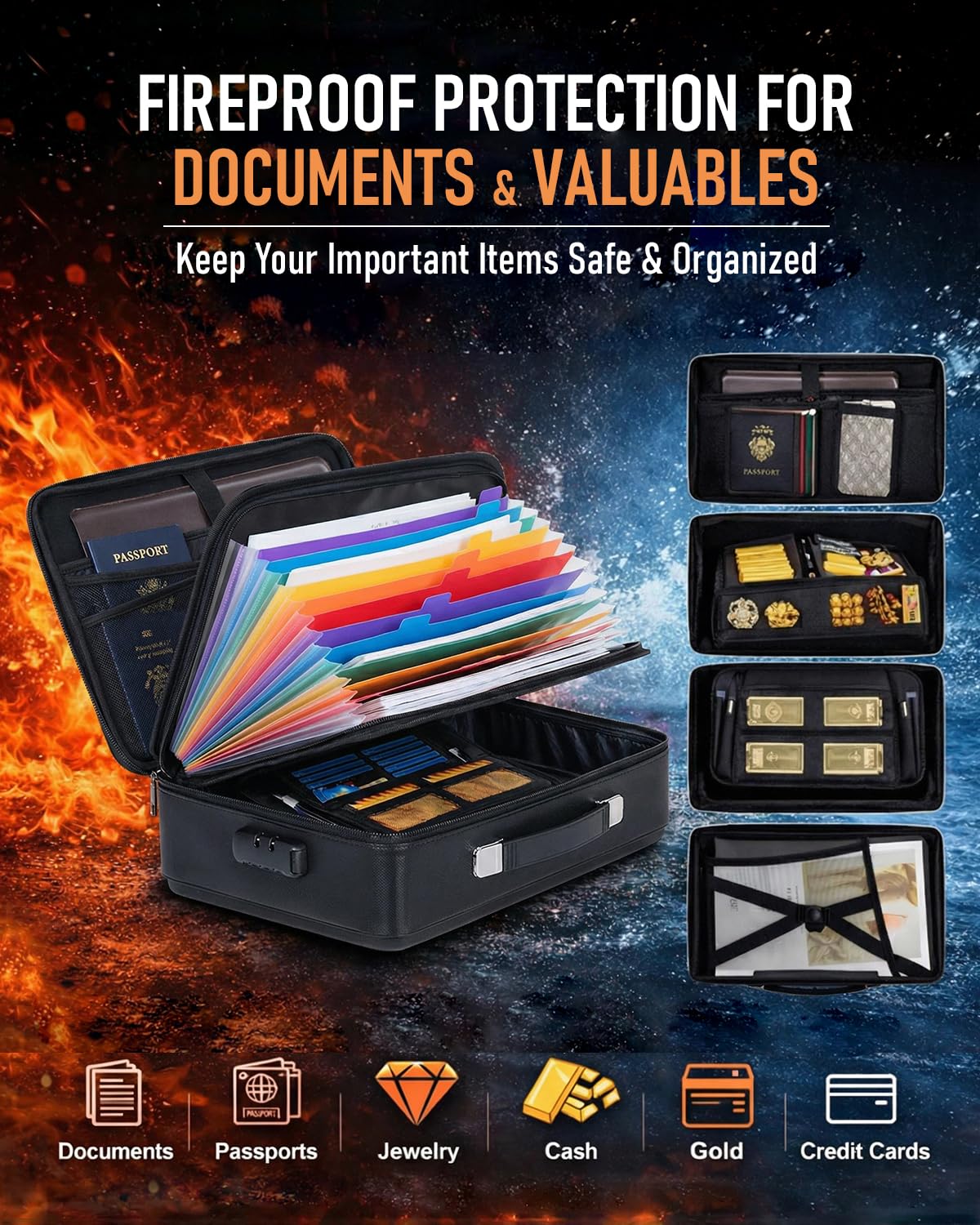 Fireproof Document Box - Hard-Shell Design Waterproof & Fireproof Document Safe with Lock, Fire Box