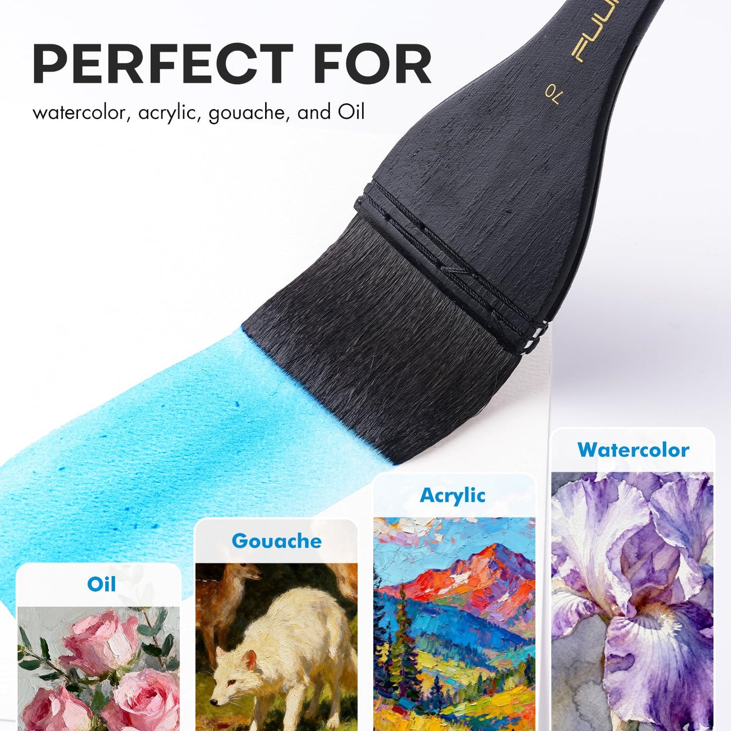Flat Watercolor Brushes, Fuumuui 70mm Professional Squirrel Hair Flat Hake Brushes, Artists Scale