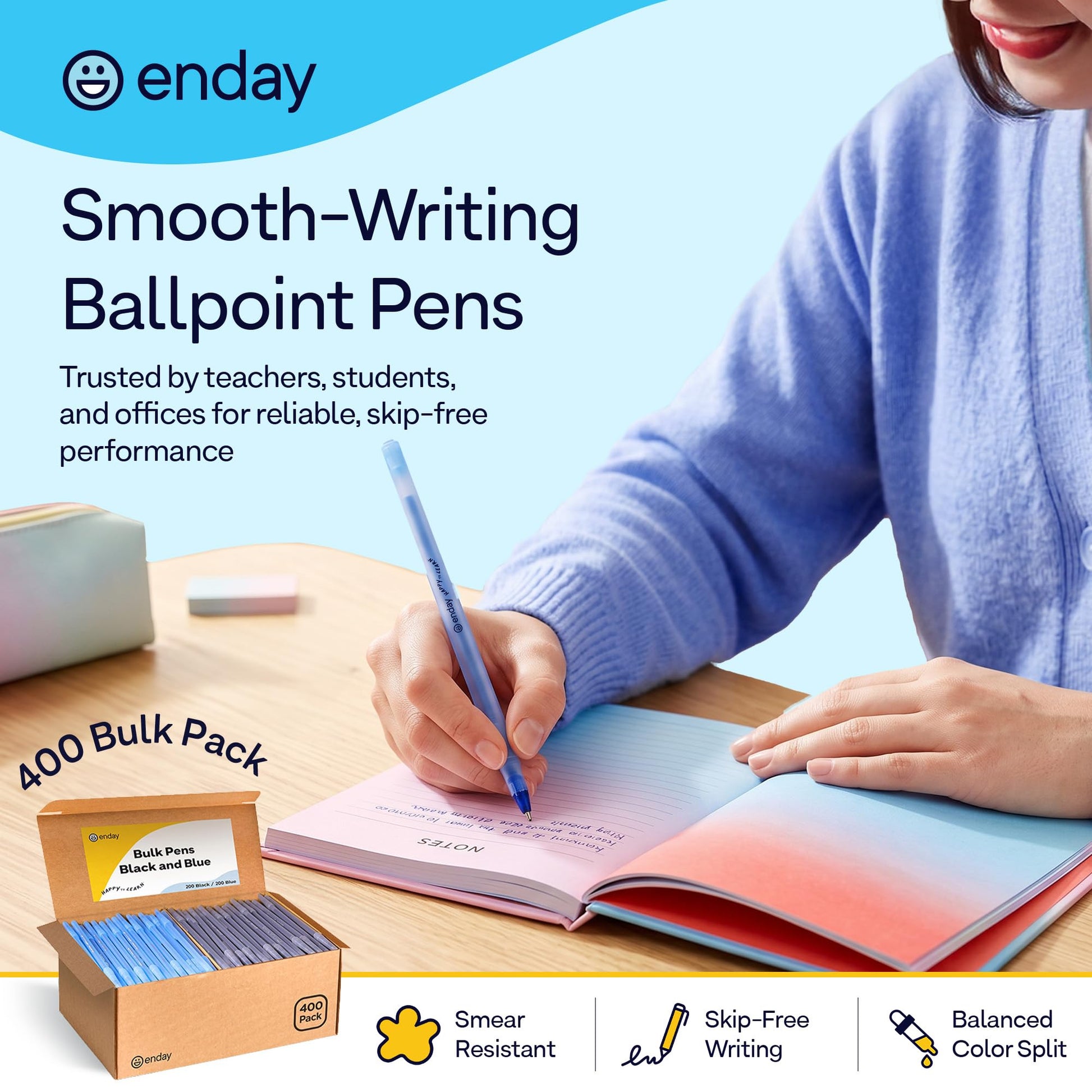 Enday Ballpoint Pens Bulk Blue and Black Pens (400 Pack) 200 Black & 200 Blue - Medium Point