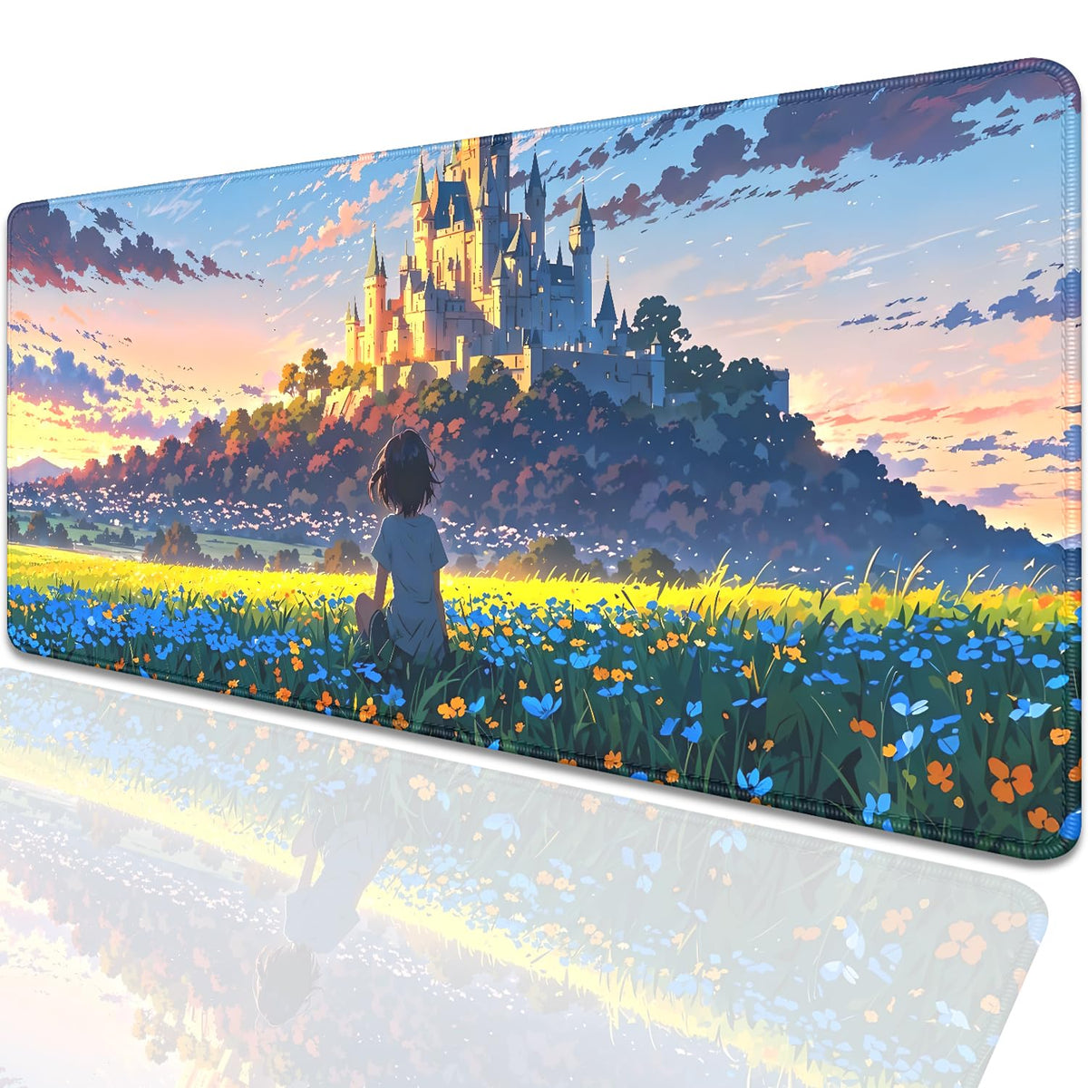 Cartoon Cute Fantasy Castle Sky Flowers Children Extended Desk Pad Mouse Pad,Stitched Edges
