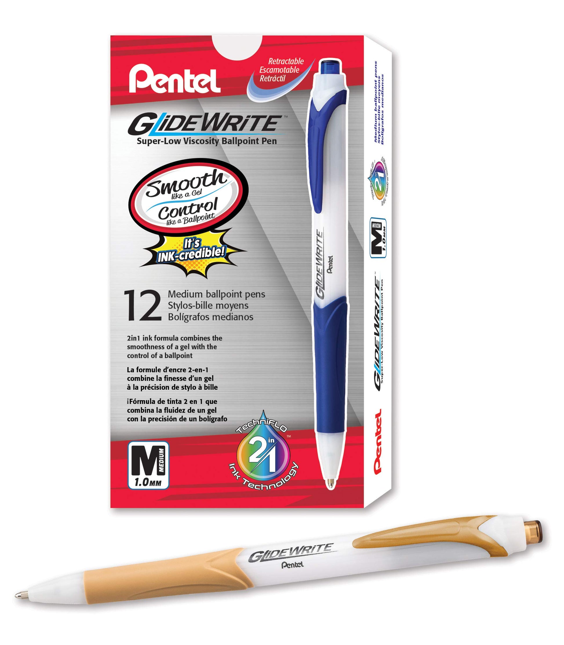 Pentel GlideWrite Ballpoint Pen with TechniFlo Ink, (1.0mm) Medium Line, Antique Gold Ink, Box of