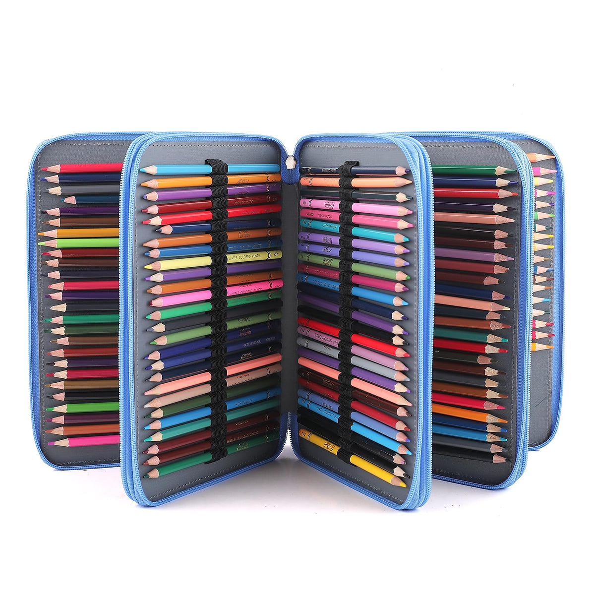 Vomgomfom 200 Slots Pencil Case 4-Layer PU Leather, Handle, Blue Flower