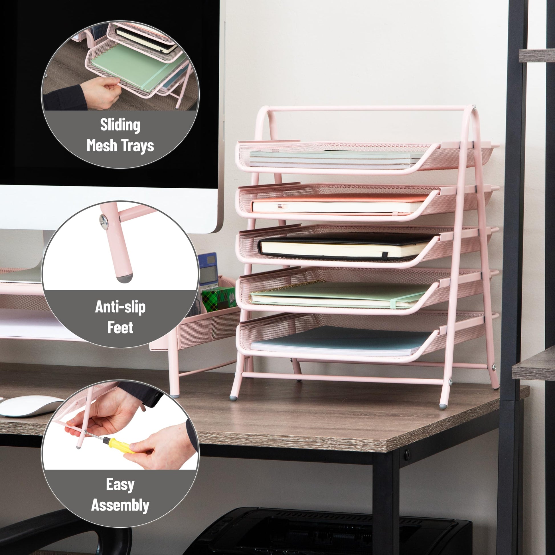 Mind Reader 5-Tier Paper Tray Organizer, Vertical Desktop File Storage Rack, Office, Metal Mesh