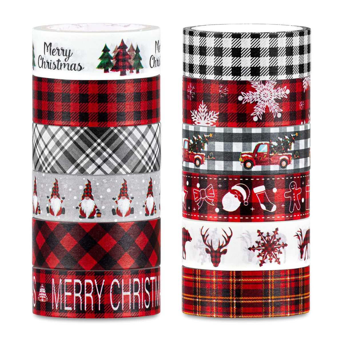Whaline 12 Roll Christmas Washi Tape Plaids Xmas Tree Snowflake Gnome Truck Masking Tape 15mm Red