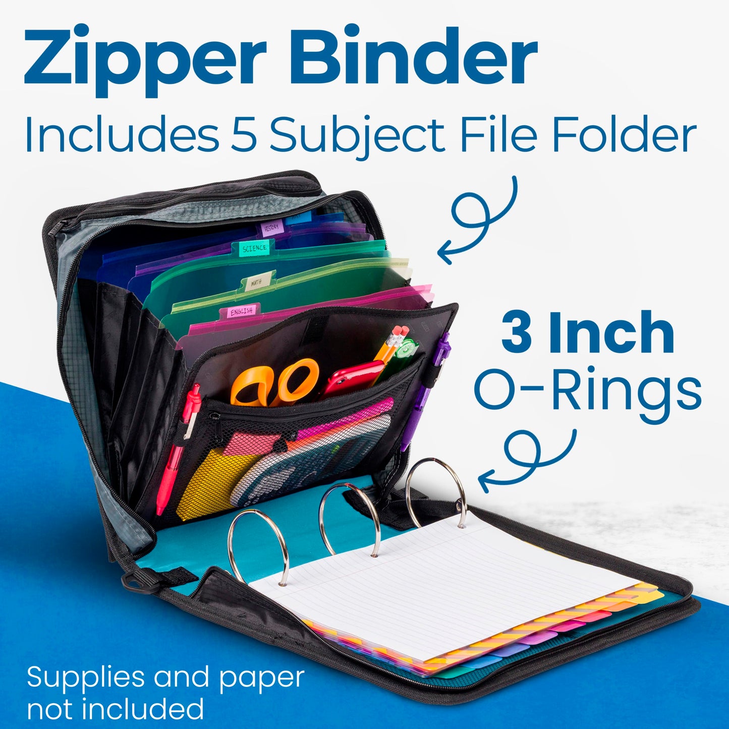 Case-it School Zipper Binder | 3-Inch O-Rings | 600-Sheet | D-146 Teal