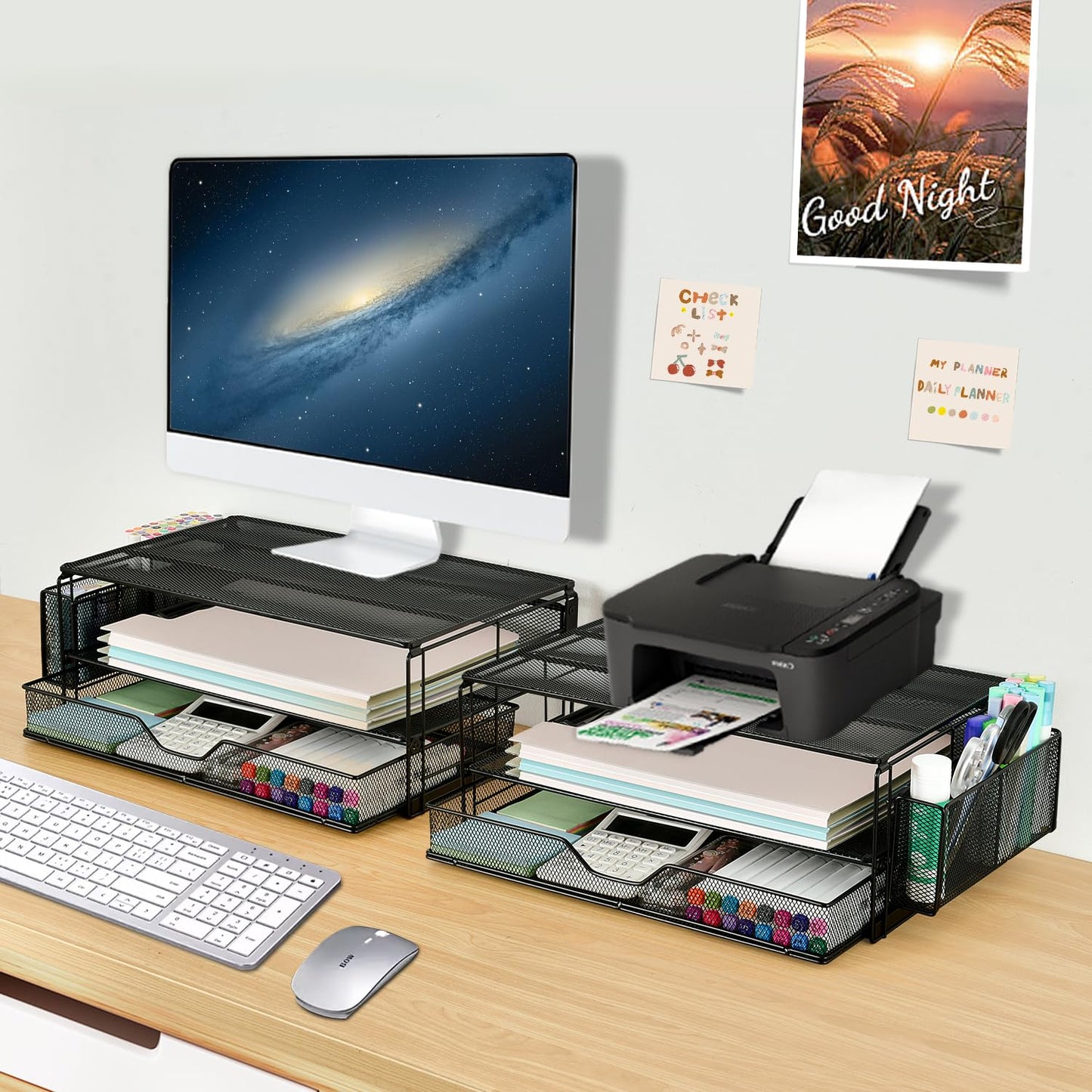 AUPSEN 2 Tier Computer Monitor Stands with Drawer and 2 Pencil Holder, Metal Monitor Stand Monitor