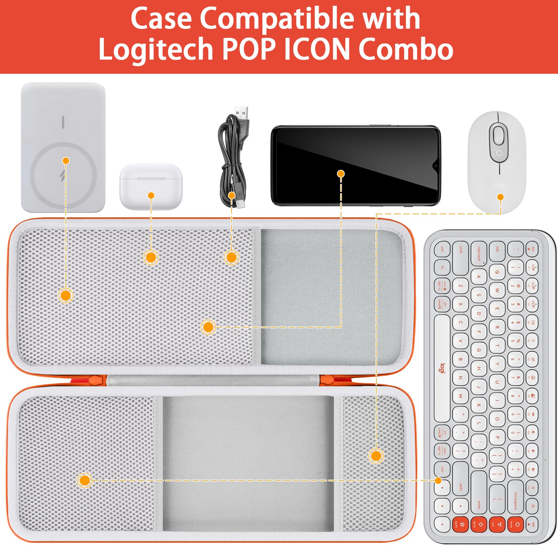 co2CREA Hard Case for Logitech POP ICON Keyboard & Mouse Combo,White Orange