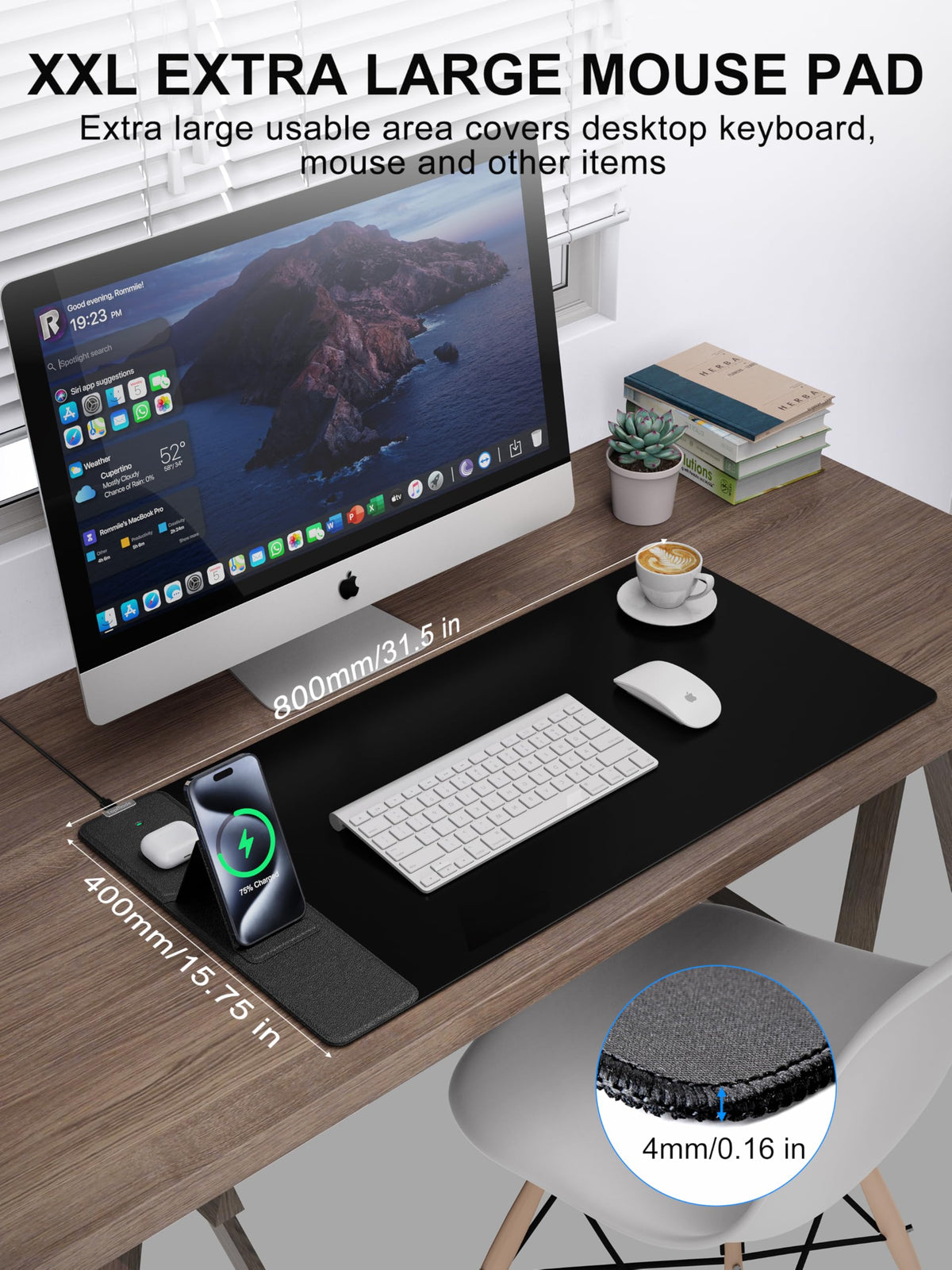 Mouse Pad with Wireless Charging, Foldable Phone Holder, Large Desk Mat
