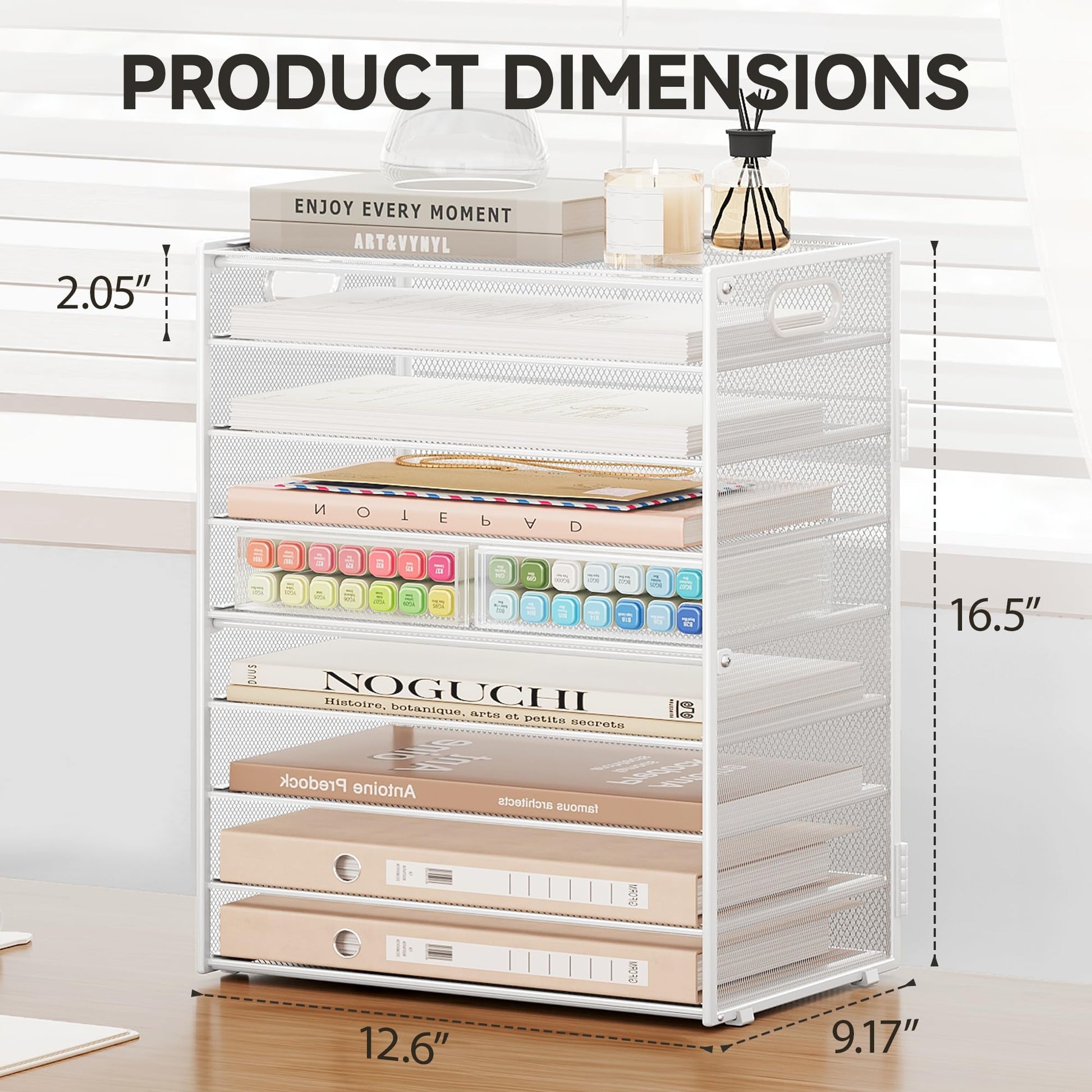 SUBEKYU 9 Tier Paper Letter Tray Desk Organizer with Handles - White Metal Mesh File Holder Paper