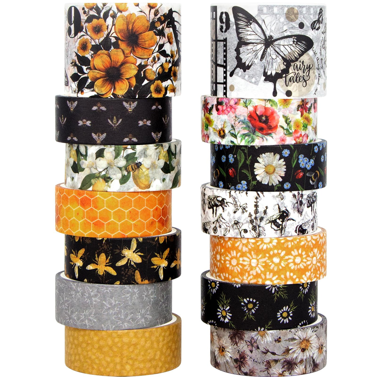 KOVANO Washi Tape Set 14 Rolls, Vintage Bee Floral Butterfly Botanical Washi Tape, Yellow Black