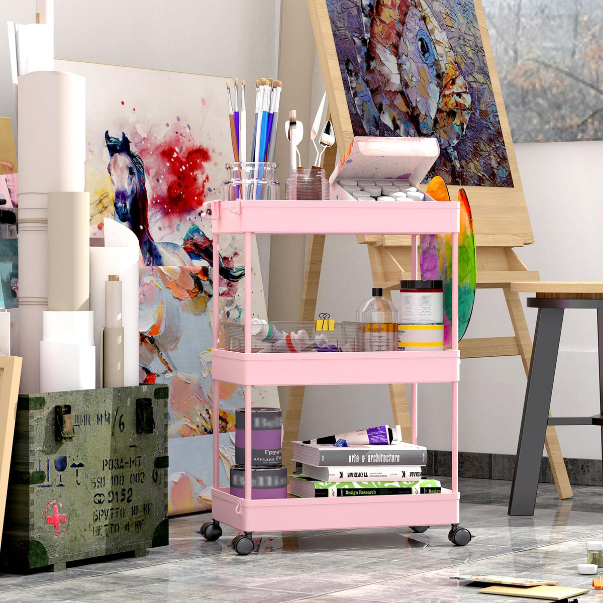 SPACEKEEPER 3 Tier Rolling Cart, Bathroom Cart Organizer with Wheels, Pink