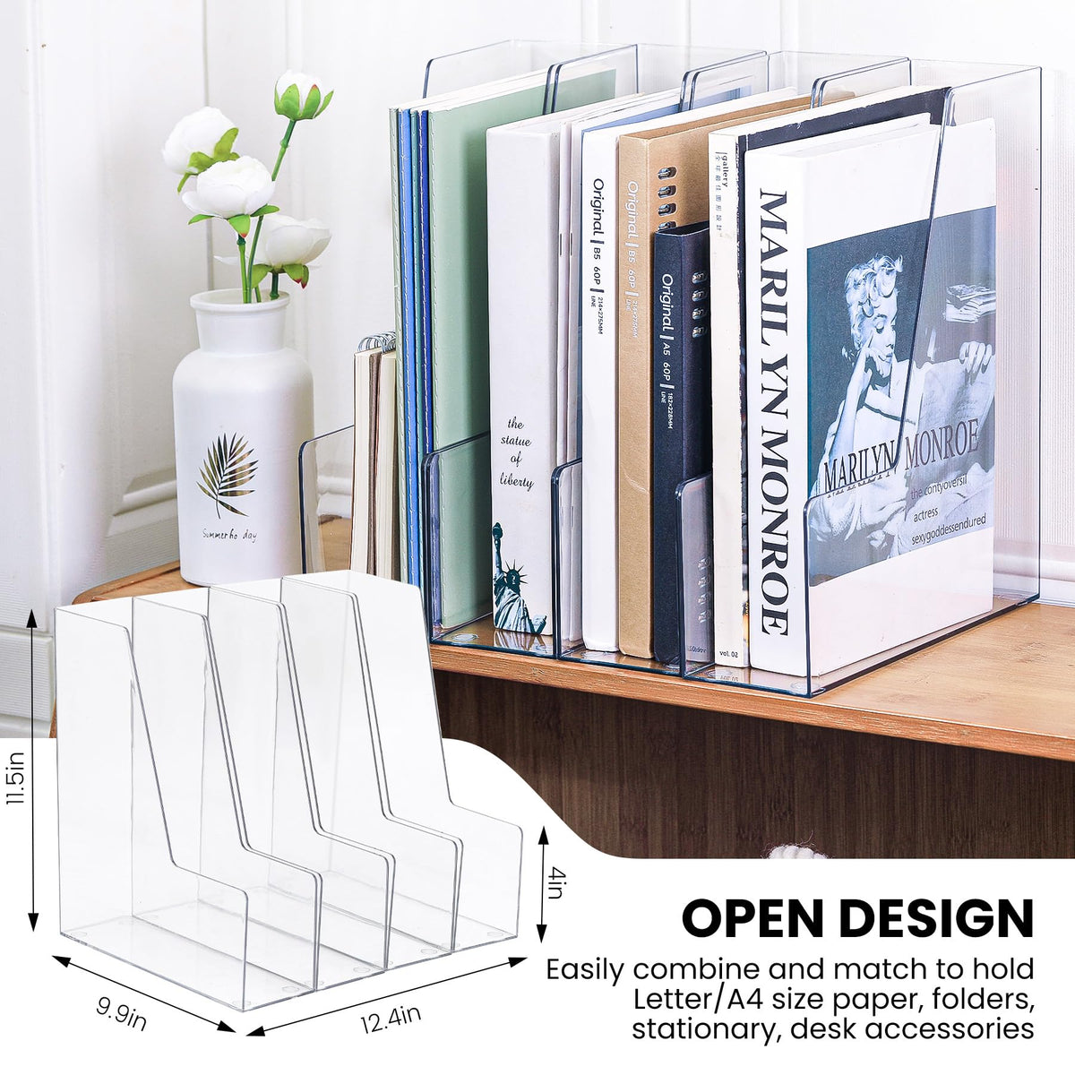 Clear Vertical Magazine File Holder, Plastic Desk Organizer Binder, 4PC