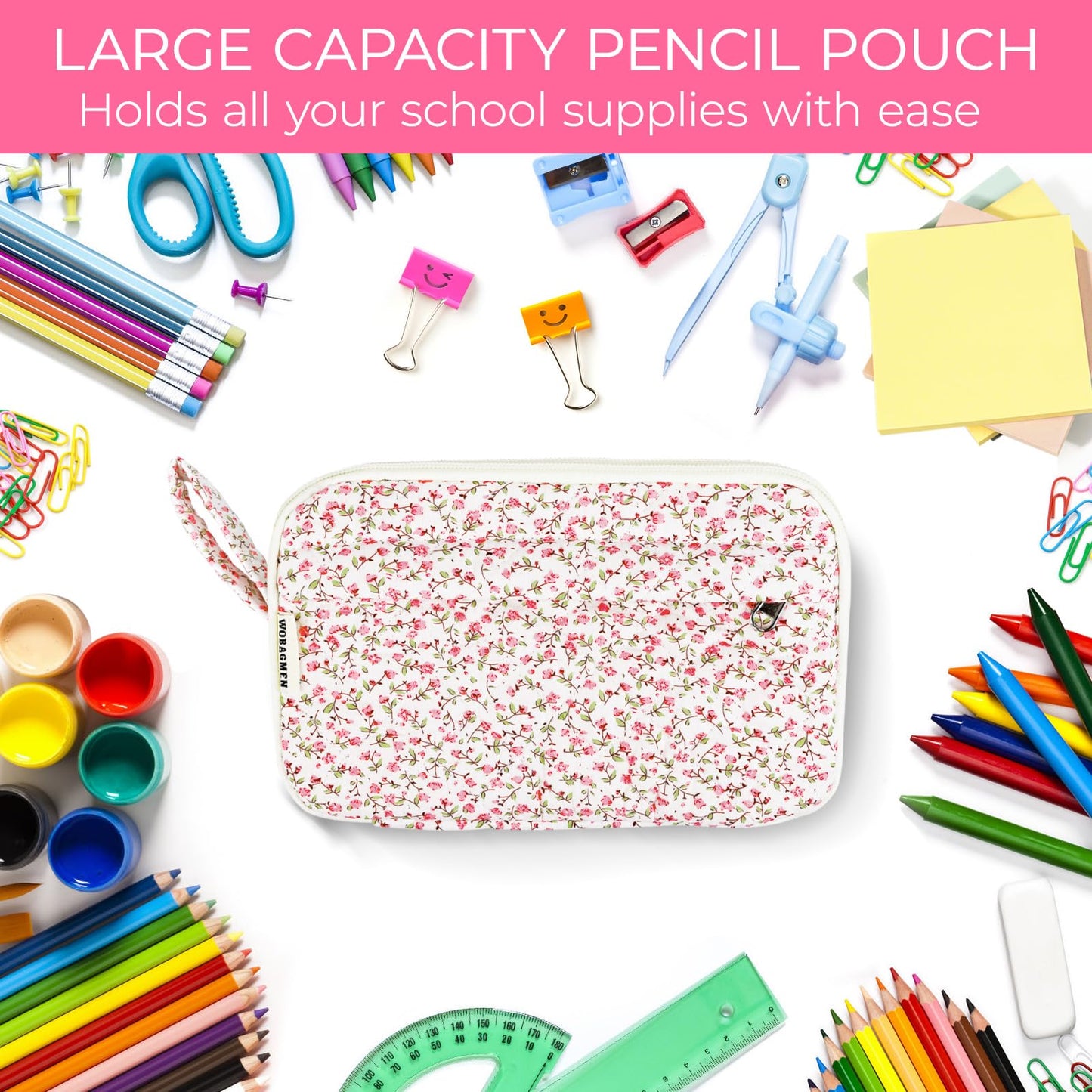 WOBAGMEN Quilted Pencil Pouch, Pink Floral, Girls Women