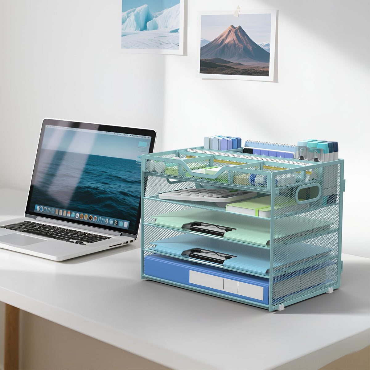 Docnest 5 Tier Mesh Desk Organizer with Removable Tray&Pen Holder, Blue