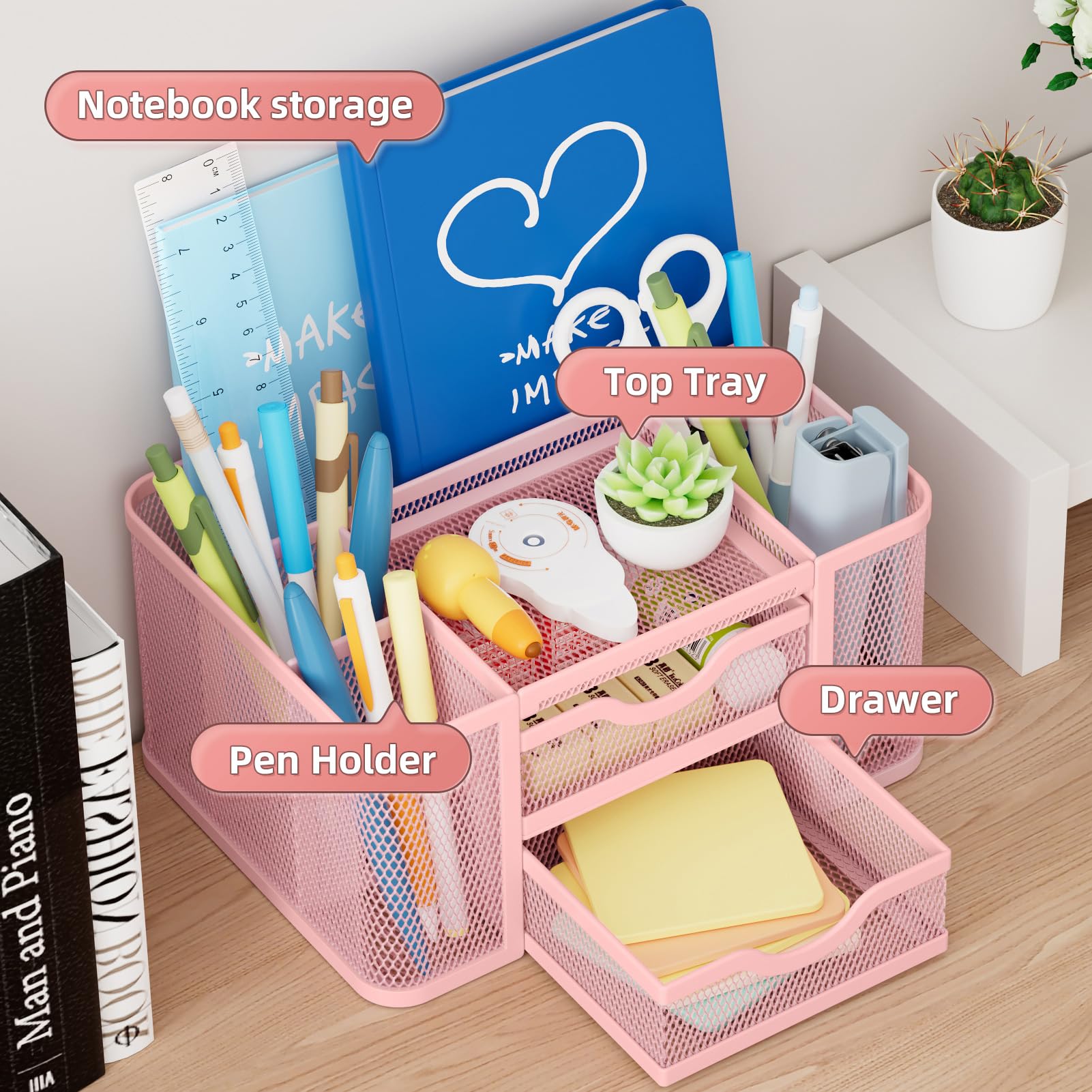 Marbrasse Mesh Desk Organizer, Pen Organizer with 2 Drawer, Multi-Functional Pencil Holder, Desk