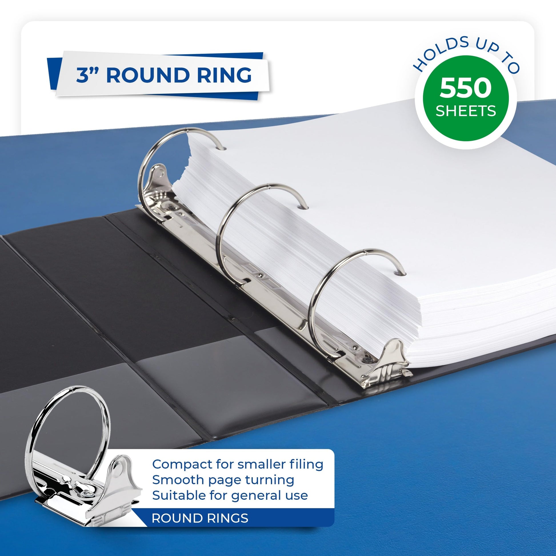 Samsill 3 Inch 3 Ring Binders, Economy Round Ring, Clear View Cover, 550 Sheet Capacity - for