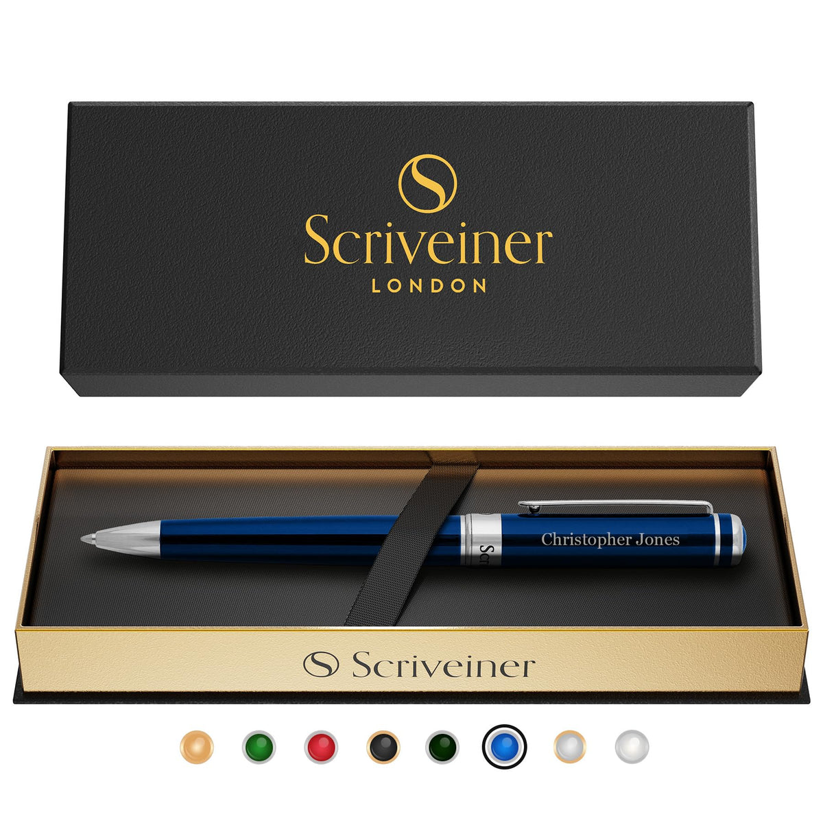 Scriveiner Personalized Midnight Blue Ballpoint Pen - Stunning Blue Lacquer Luxury Pen, Chrome