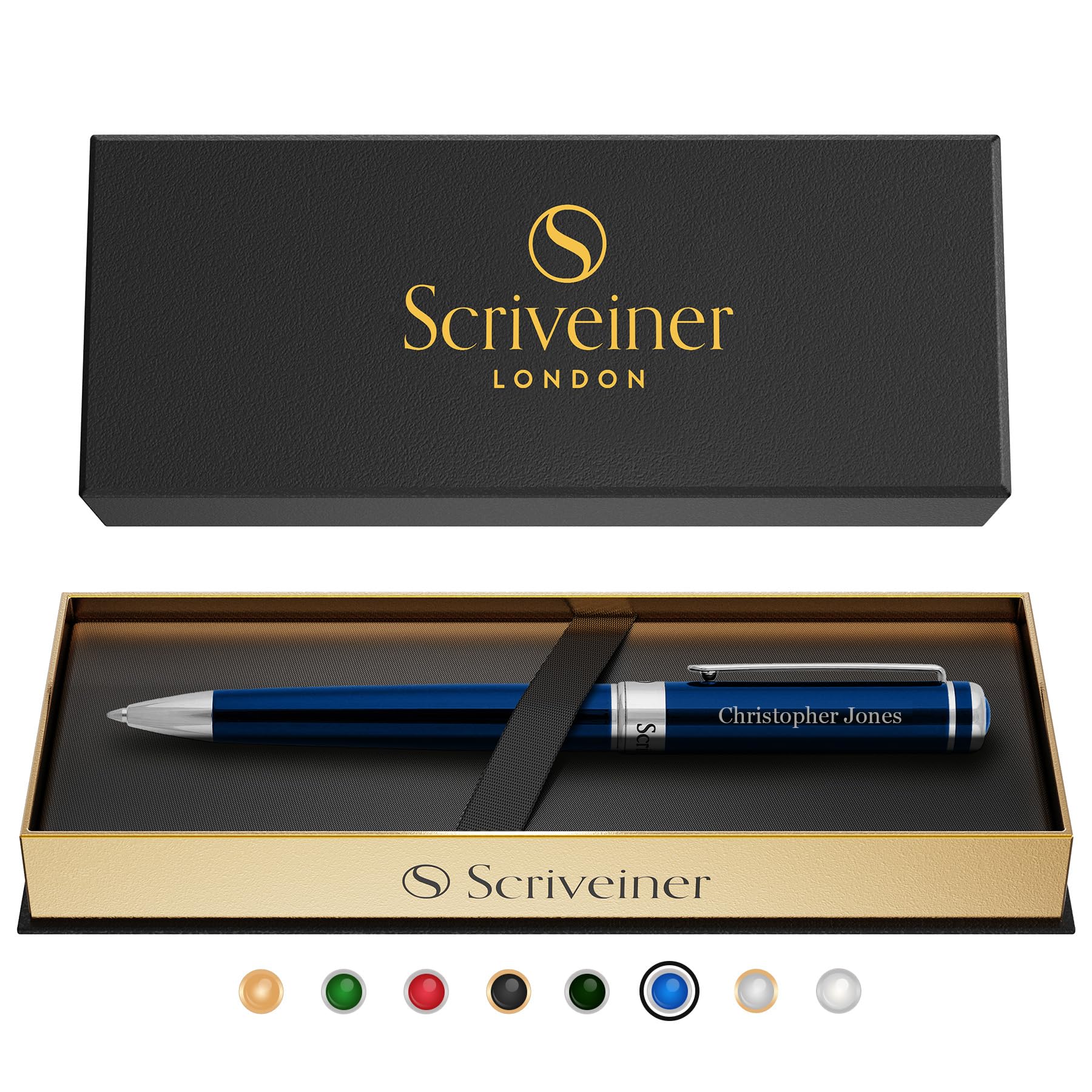 Scriveiner Personalized Midnight Blue Ballpoint Pen - Stunning Blue Lacquer Luxury Pen, Chrome