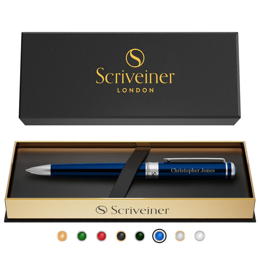 Scriveiner Personalized Midnight Blue Ballpoint Pen - Stunning Blue Lacquer Luxury Pen, Chrome