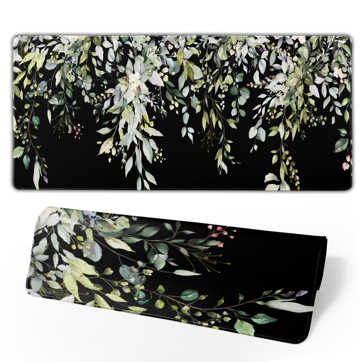 Green XXL Sage Green Leaves Gaming Mouse Pad 35.4"X15.7" Wildflower Extended Keyboard Mat Non-Slip