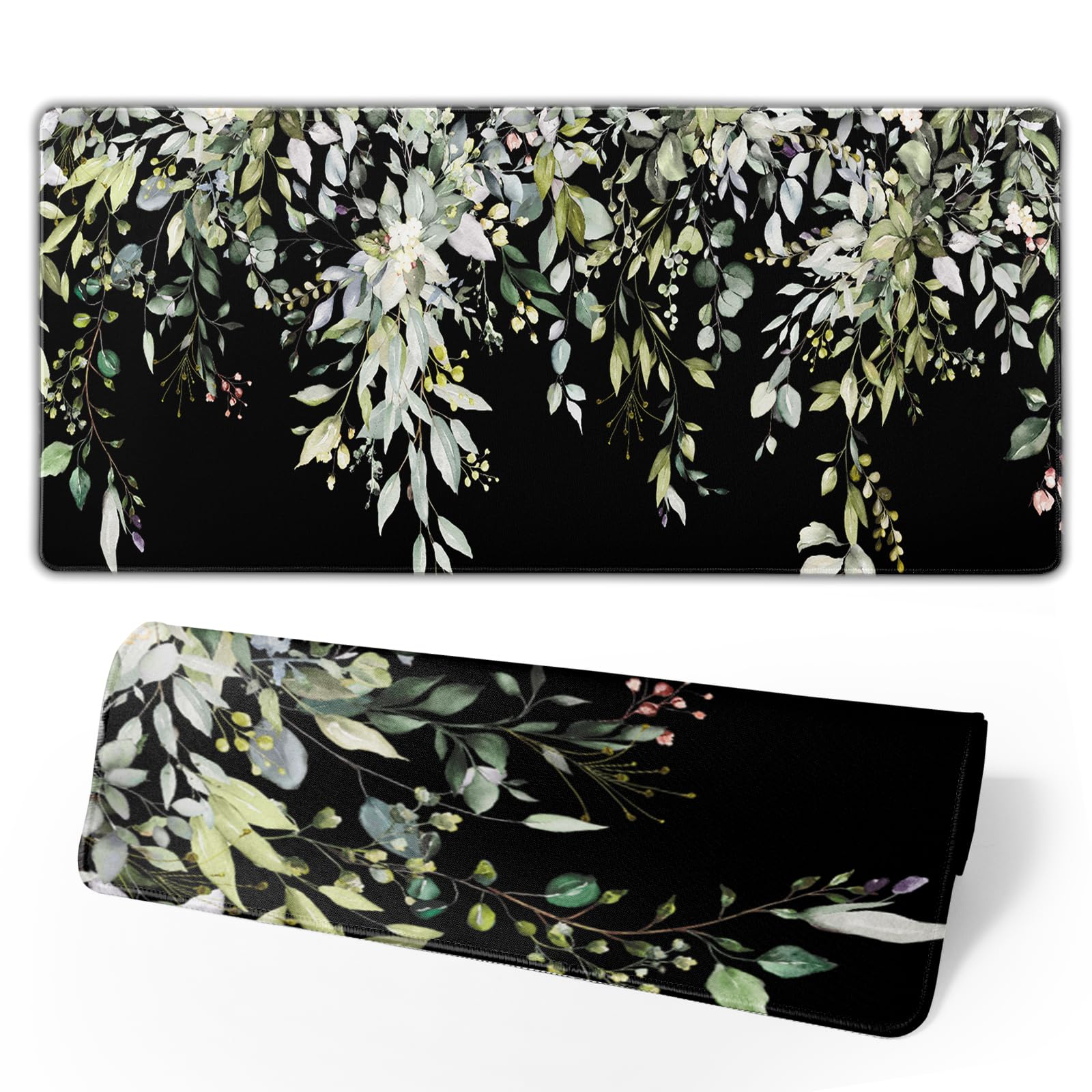 Green XXL Sage Green Leaves Gaming Mouse Pad 35.4"X15.7" Wildflower Extended Keyboard Mat Non-Slip