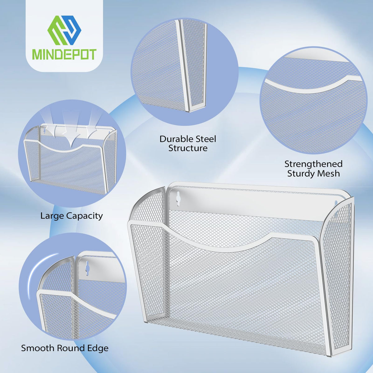 MINDEPOT Wall File Organizer, Hanging Wall File Holder, 3 Pack, Silver