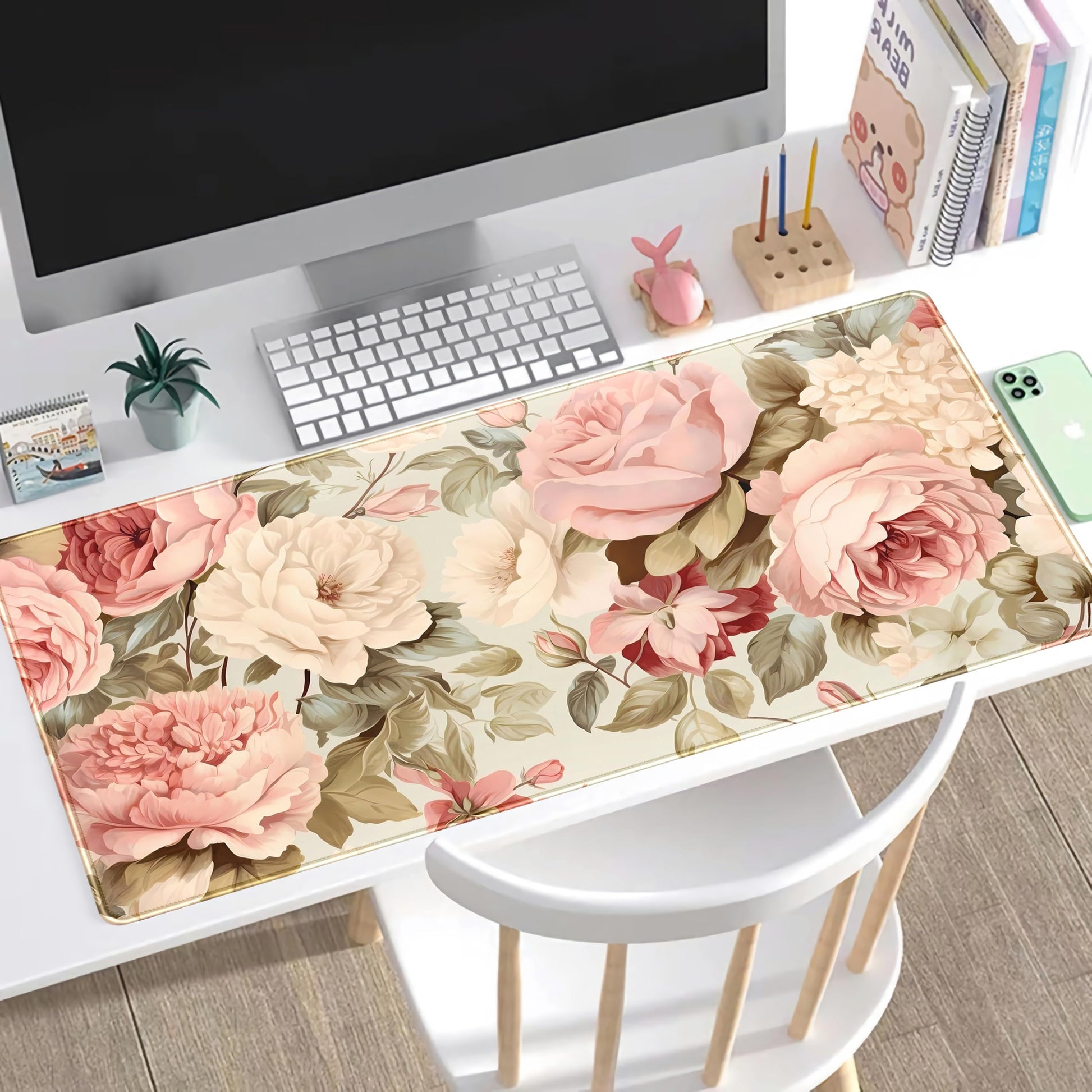 Cute Floral Desk Mat Pastel Roses Gaming Mouse Pad XXL Large Extended Flowers Desk Pad, Laptop