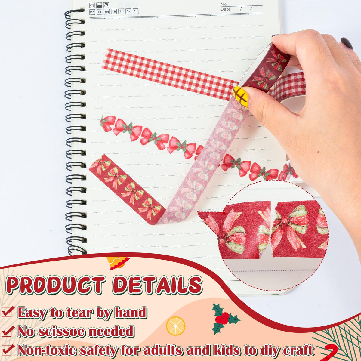 BkeeCten Christmas Bow Washi Tape - 12 Rolls Festive Holiday Designs with Holly Candy Cane